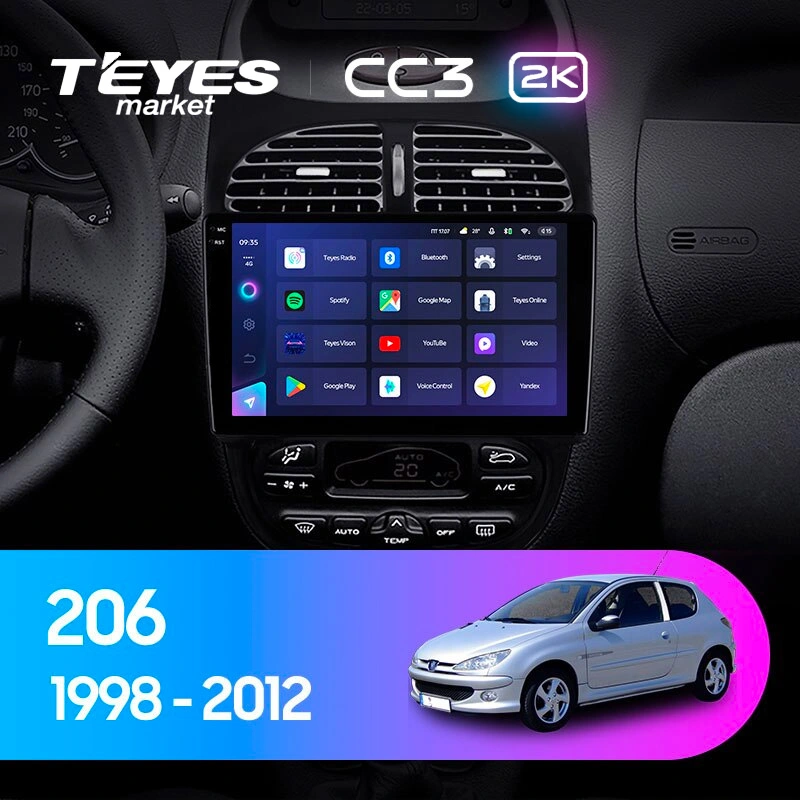 Комплект магнитолы TEYES CC3 2K 9.5" для Peugeot 206 I 1998-2012